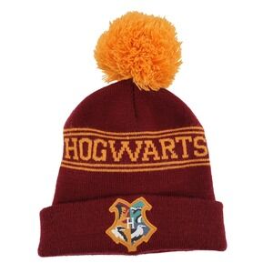Harry Potter‎ Hogwarts Pom Beanie Hat Burgundy Gold Crest Woven Knit